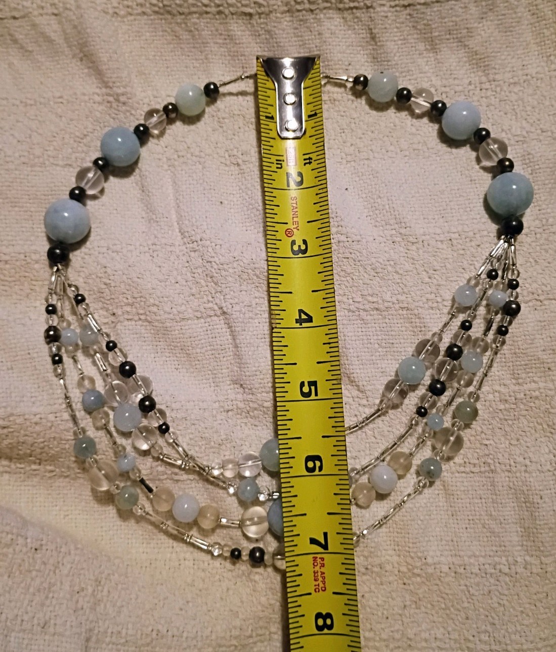 Multi-Strand Layered Blue & Clear Glass Beaded Necklace Silver Barrel Mag. Clasp