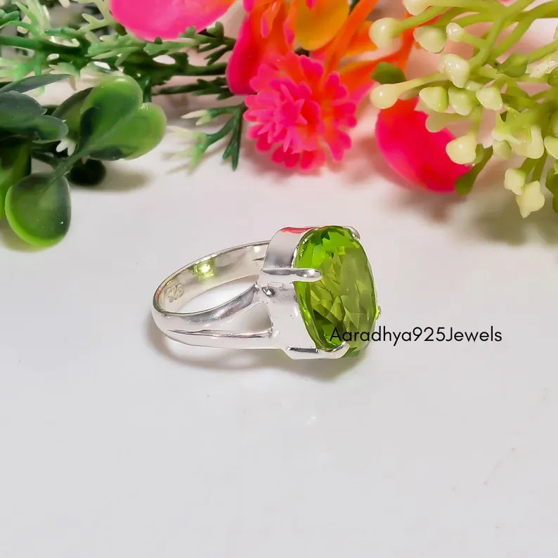 Natural Peridot Gemstone Ring- 925 Sterling Silver, Oval Faceted Prong All Size