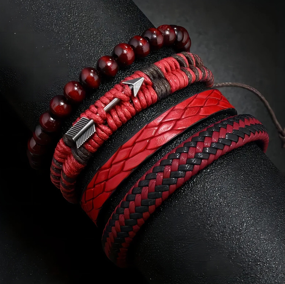 4 pcs Vintage Men’s Leather Bracelet Wooden Beads Cupid Arrow Hand Woven