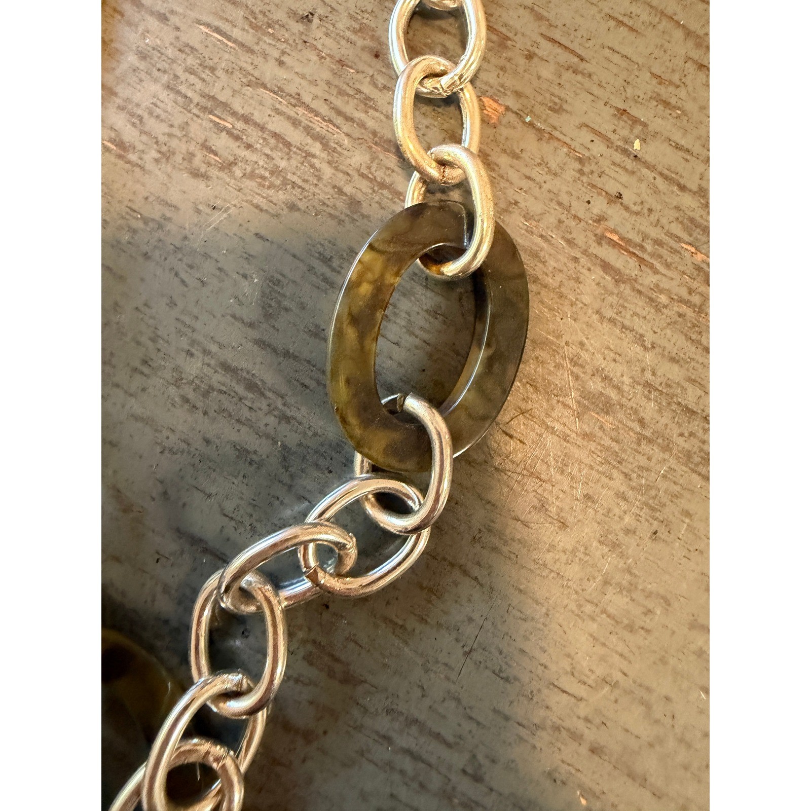 vintage Silver Tone Tortoiseshell Resin Link Necklace Hoop Earrings Jewelry Set