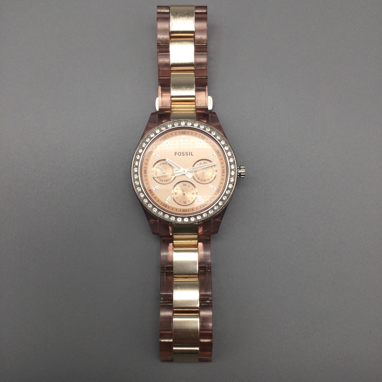 Fossil Riley ES2816 Womens Watch 37mm Gold Tone Pink Bracelet New Battery 7″