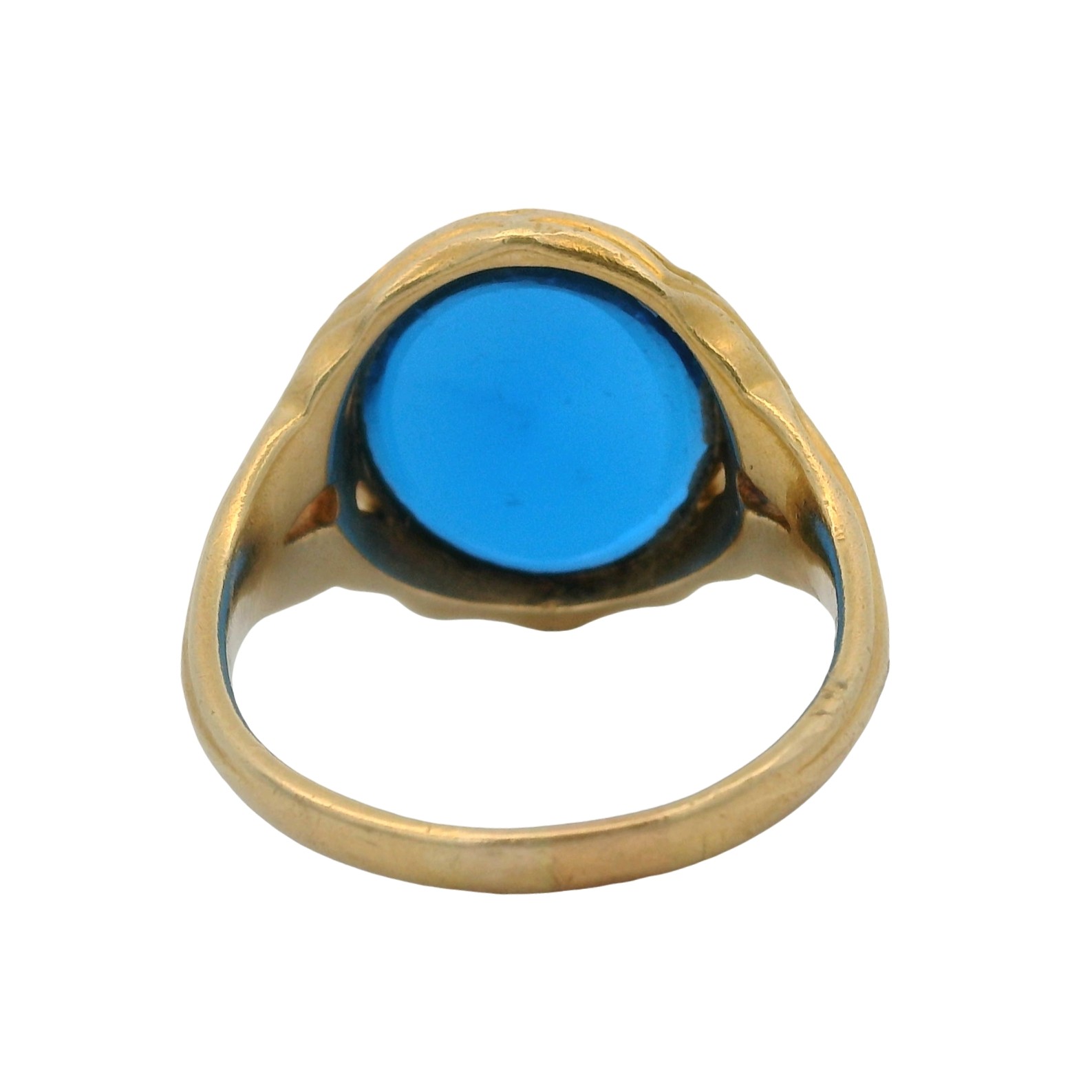 Vintage 1980s 14kt Yellow Gold Etruscan Style Ring with Blue Lab Spinel Size 10