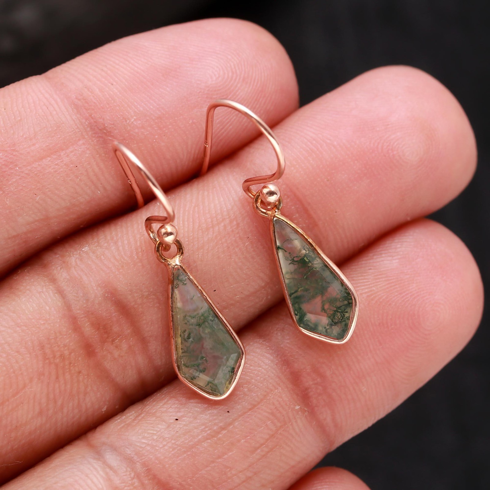 Natural Moss Agate Kite Dangle Earrings Rose Gold Plated Solid Silver Jewelry