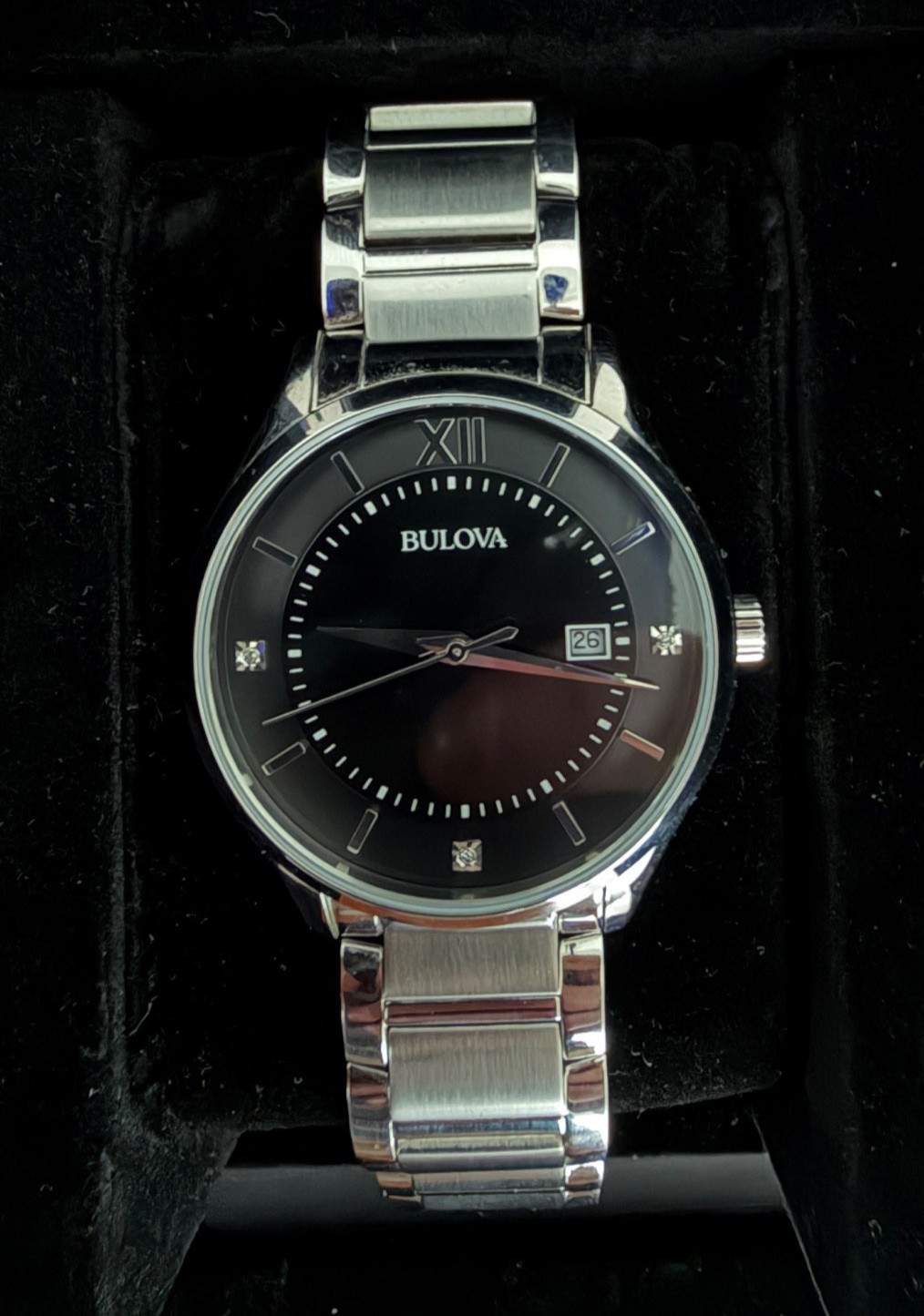 Bulova Mens 96D142 Diamond Accent Black Dial Bracelet Type Dress Watch Model