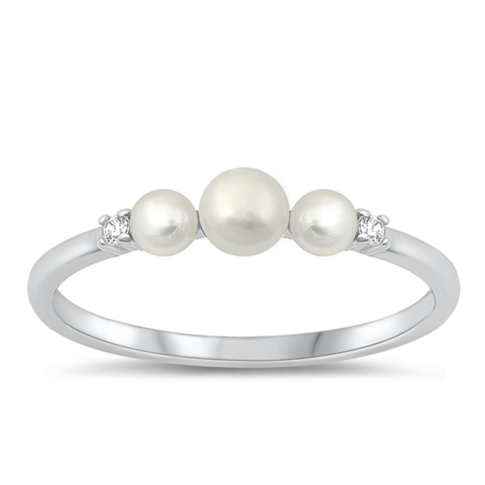 Clear CZ Freshwater Pearl Polished Ring New .925 Sterling Silver Band Sizes 5-10