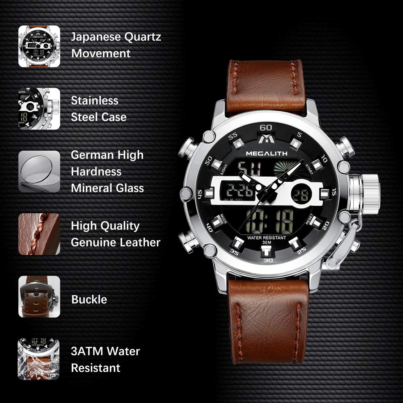 Mens Watches with Leather Waterproof Digital Military Sport Tactical Multifun…