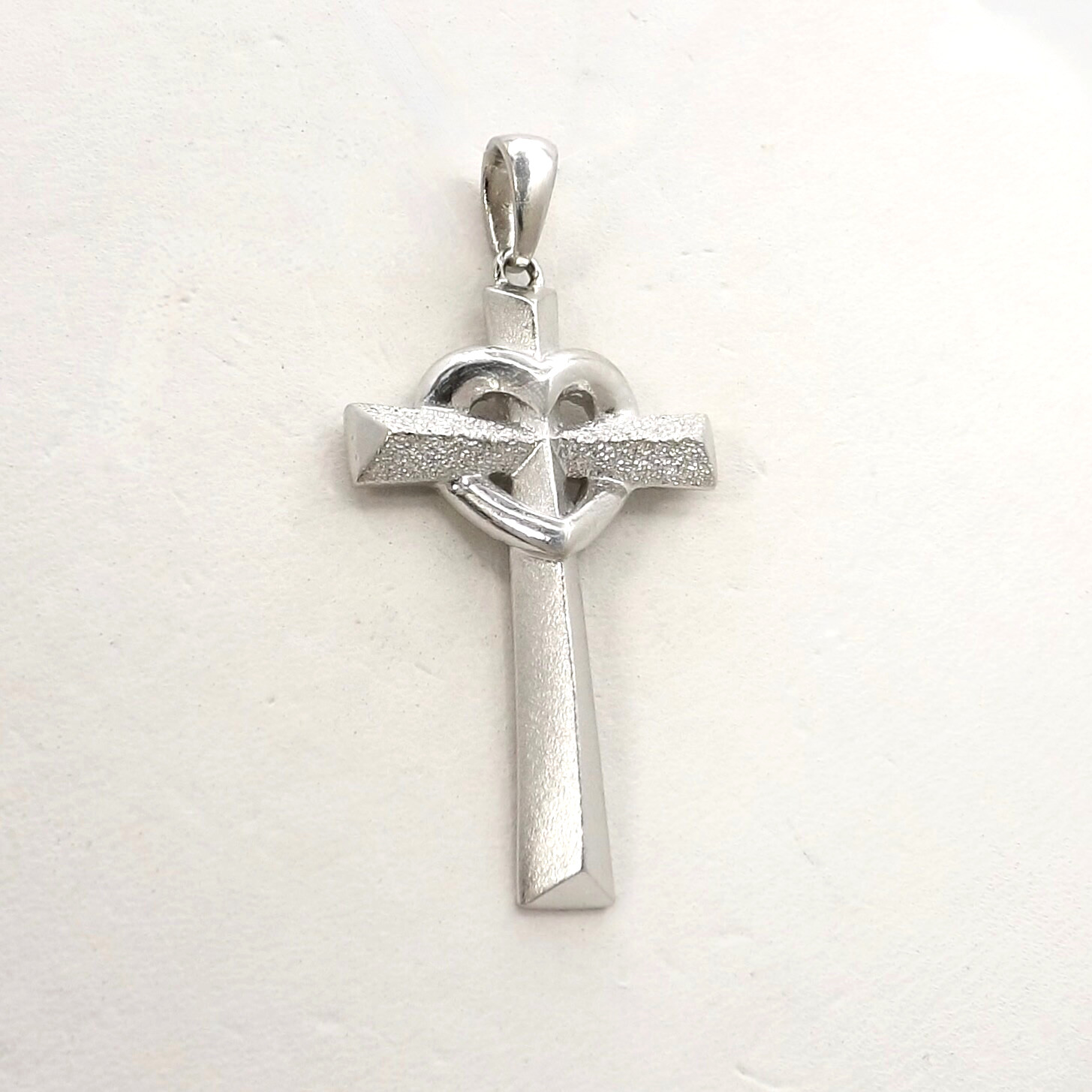 Solid Platinum Open Heart Wrapped Cross Charm Pendant Satin Brushed New