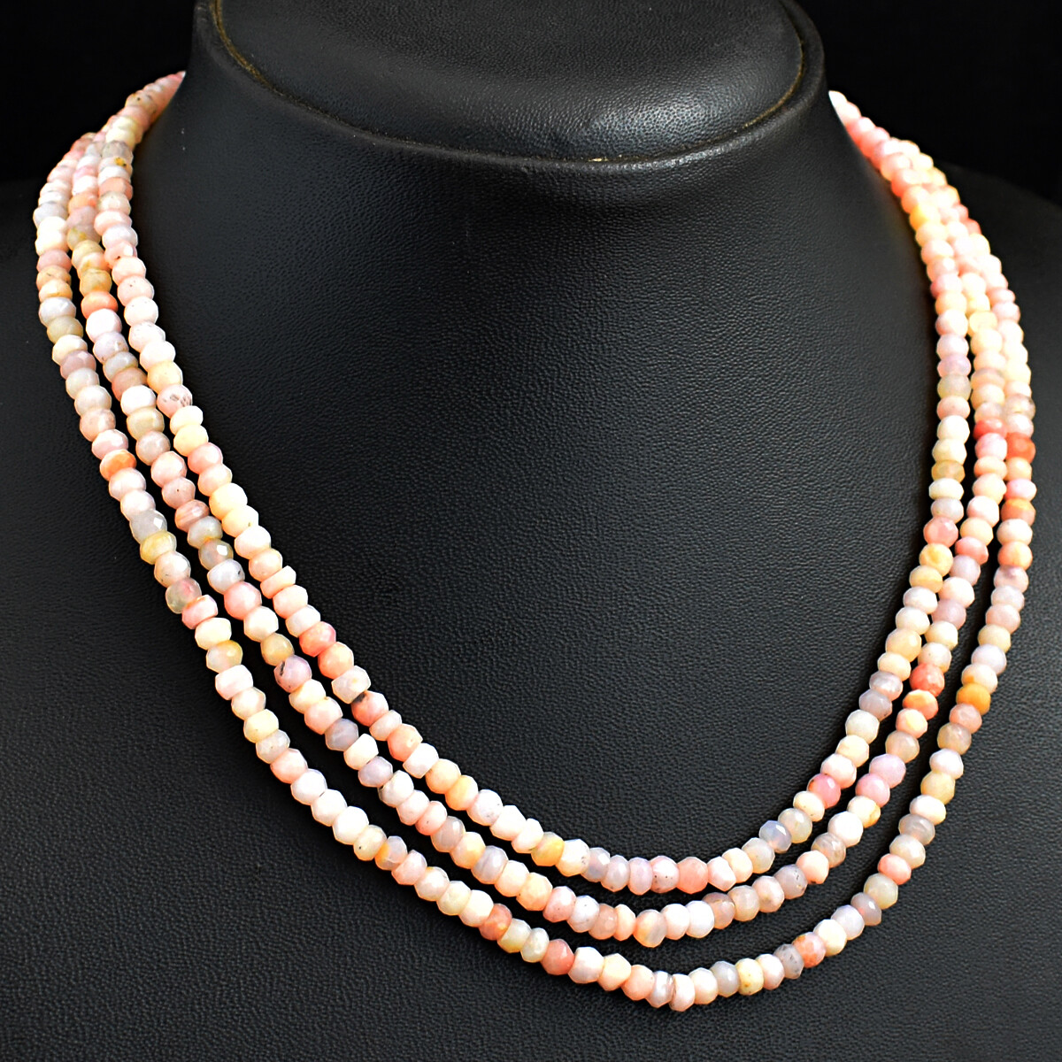 211 Cts Natural 3 Strand Pink Australian Opal Round Cut Beads Necklace JK 05E295