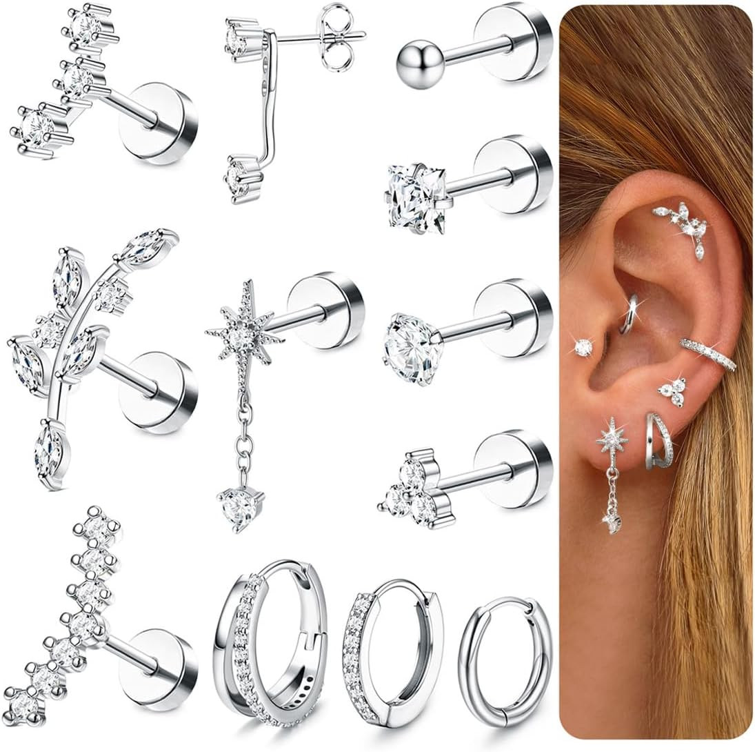16G Cartilage Earrings for Women Silver Flat Back Earrings Hypoallergenic Surgic
