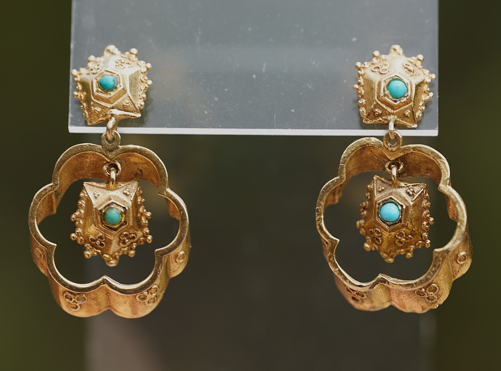 Victorian Antique 14k Solid Gold Etruscan Revival Turquoise Dangle Earrings 8.4g