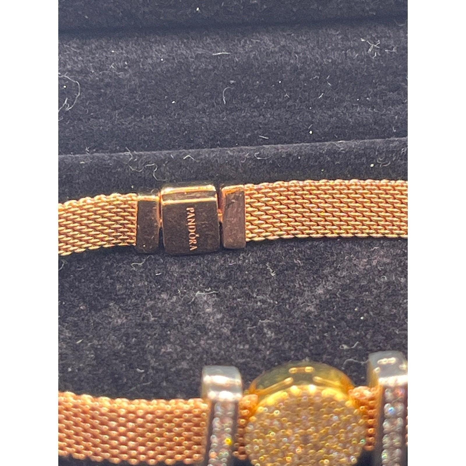 Pandora Reflexions Rose Gold Mesh Bracelet One Bling Charm 2 Pave Clip Charms