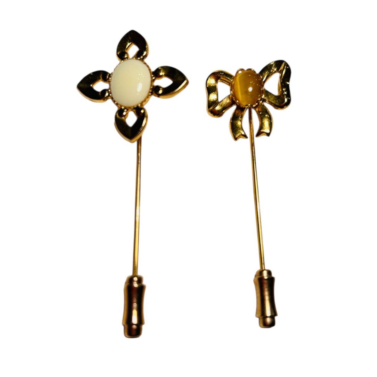 Set of 2 Stick Pins Goldtone Flower Bow Pink Cream Color 2.25″