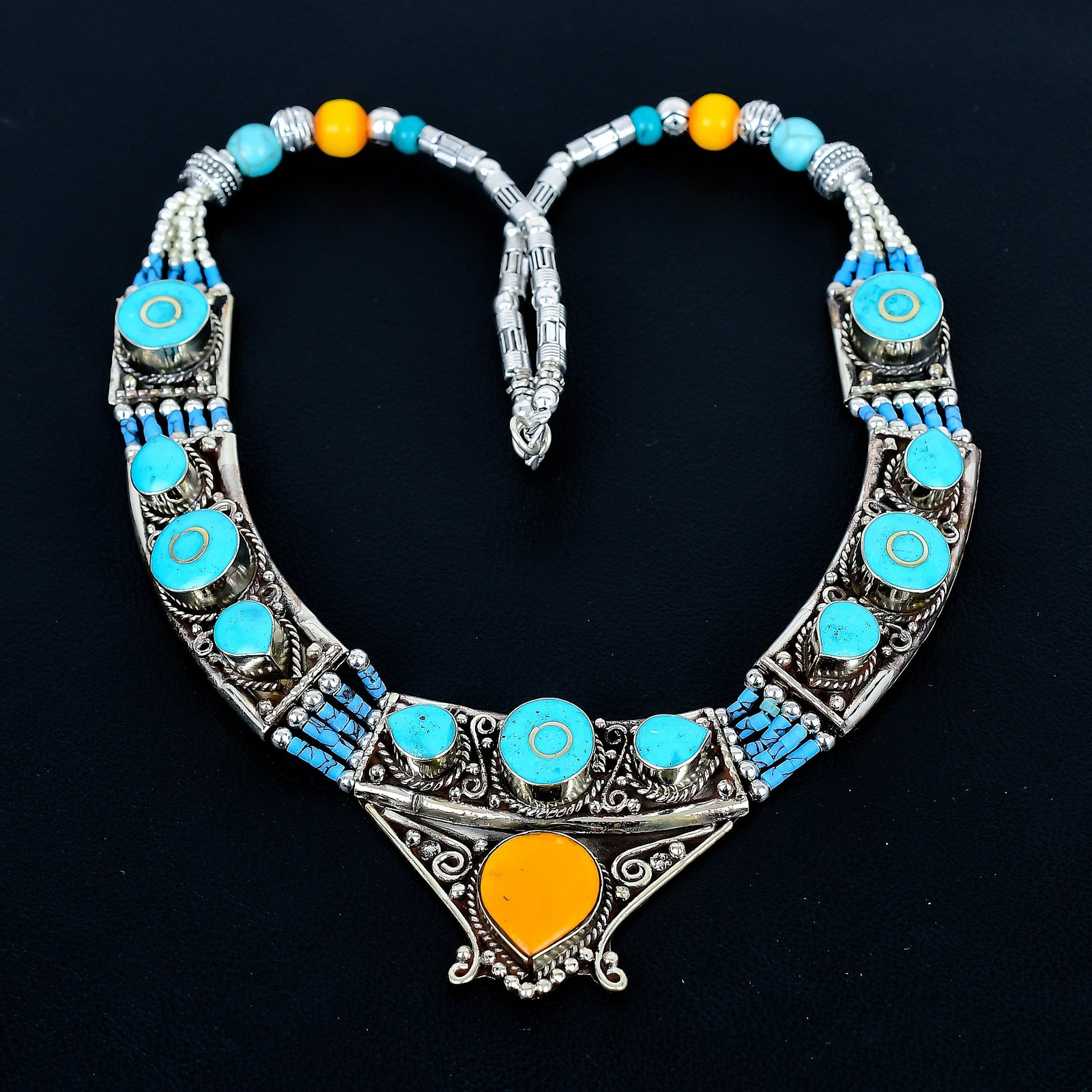 Yellow Coral Turquoise 925 Sterling Silver Nepali Tibetan Necklace 18″ PG155