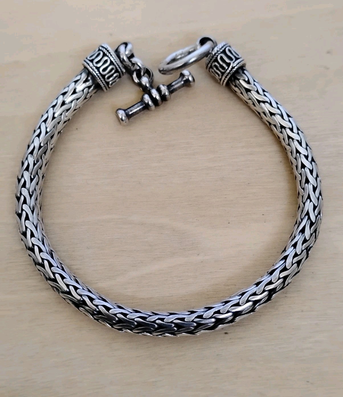 Sterling Silver 6mm Wheat Braided Link Toggle Bracelet 925 Oxidized 33.9g