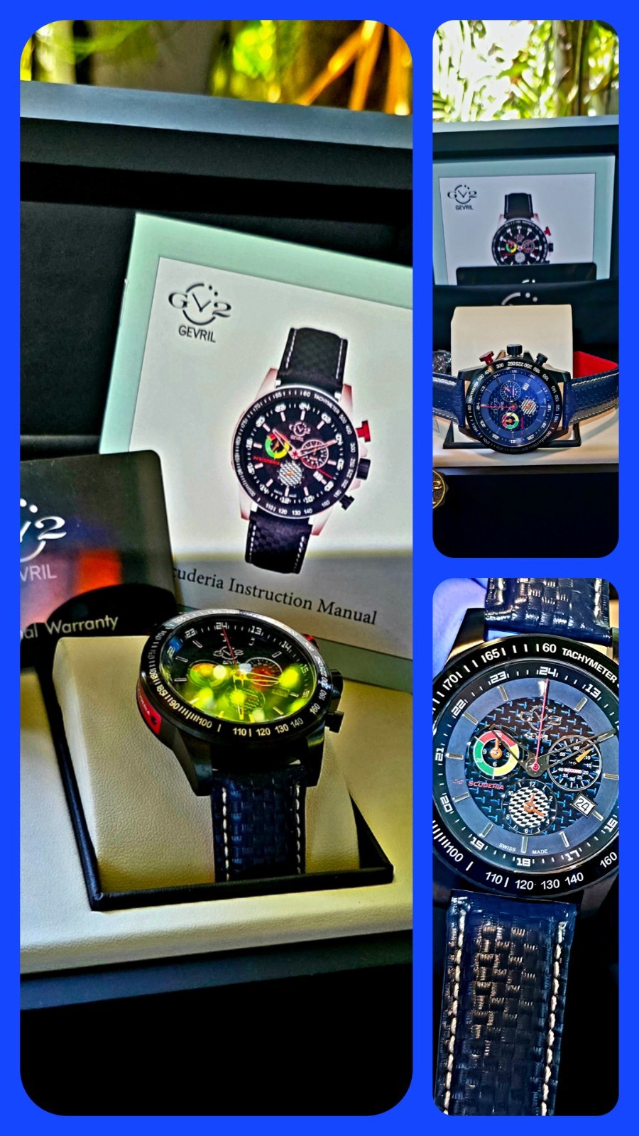 GEVRIL SCUDERIA SWISS MADE ⌚ TACHOMETER SAPPHIRE CRYSTAL CARBON FIBER BLUE ALARM
