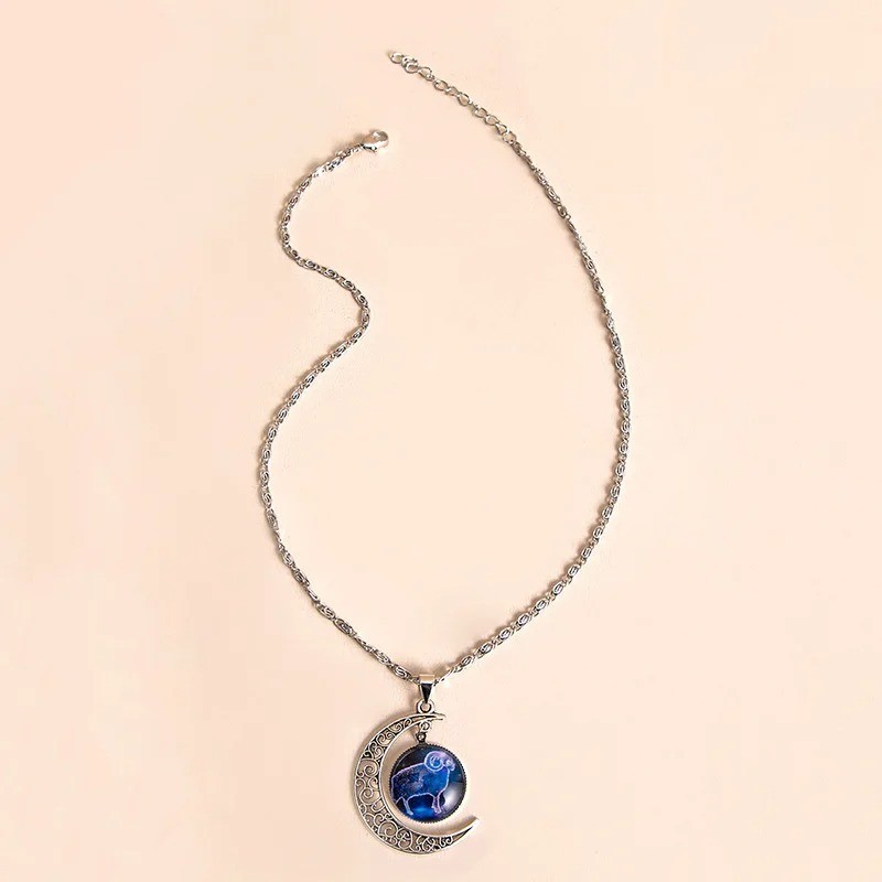 Moon Shaped Zodiac Sign Necklace Horoscope Astrological Pendant with 17″ Chain
