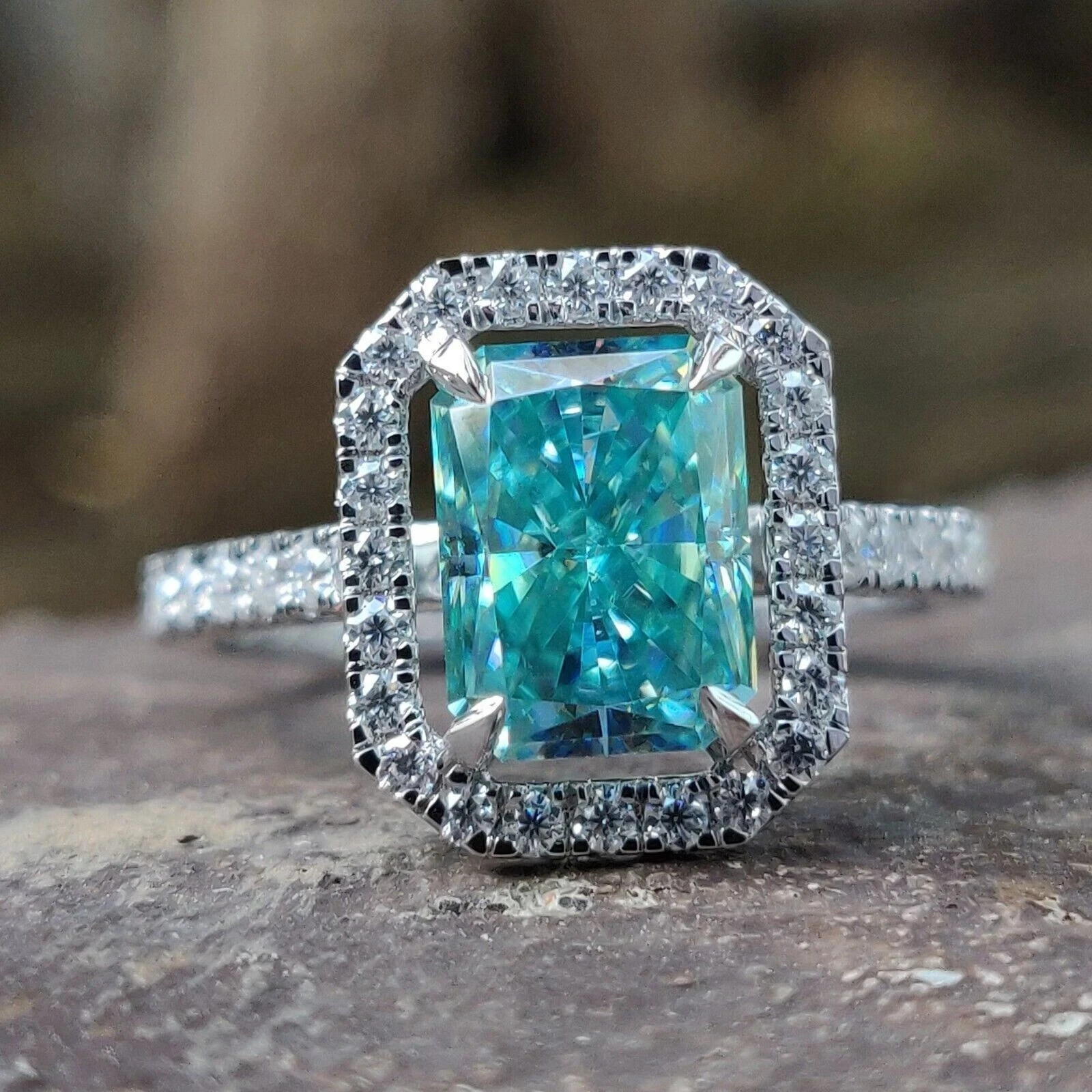 RARE 5.20 Ct Blue Diamond Radiant Cut Solitaire Ring 925 Silver Ring