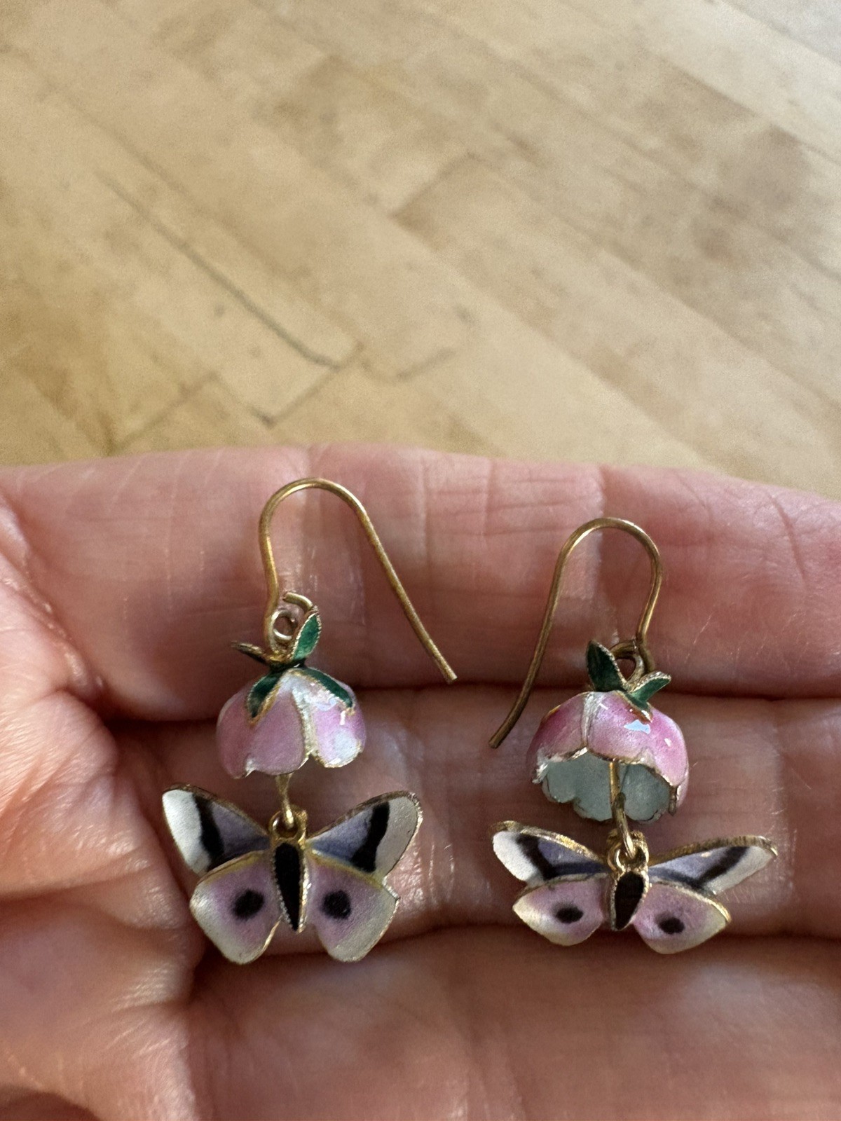 Dangly enamel sterling 925 vermeil unique butterfly in flower earrings