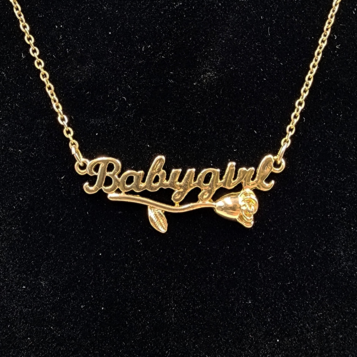 Babygirl Necklace Gold Tone Pendant Rose Script 16″ Baby Girl 3″ Extender Flower