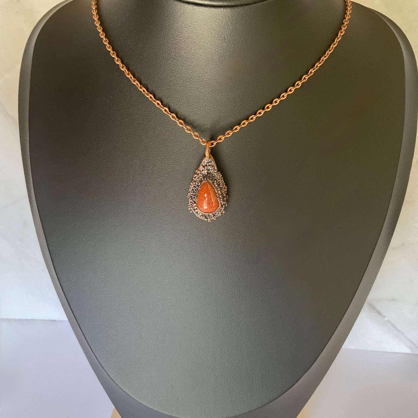 Necklace Copper Pendant Gold Sandstone Gem Stone Handmade Jewelry Chain Metal