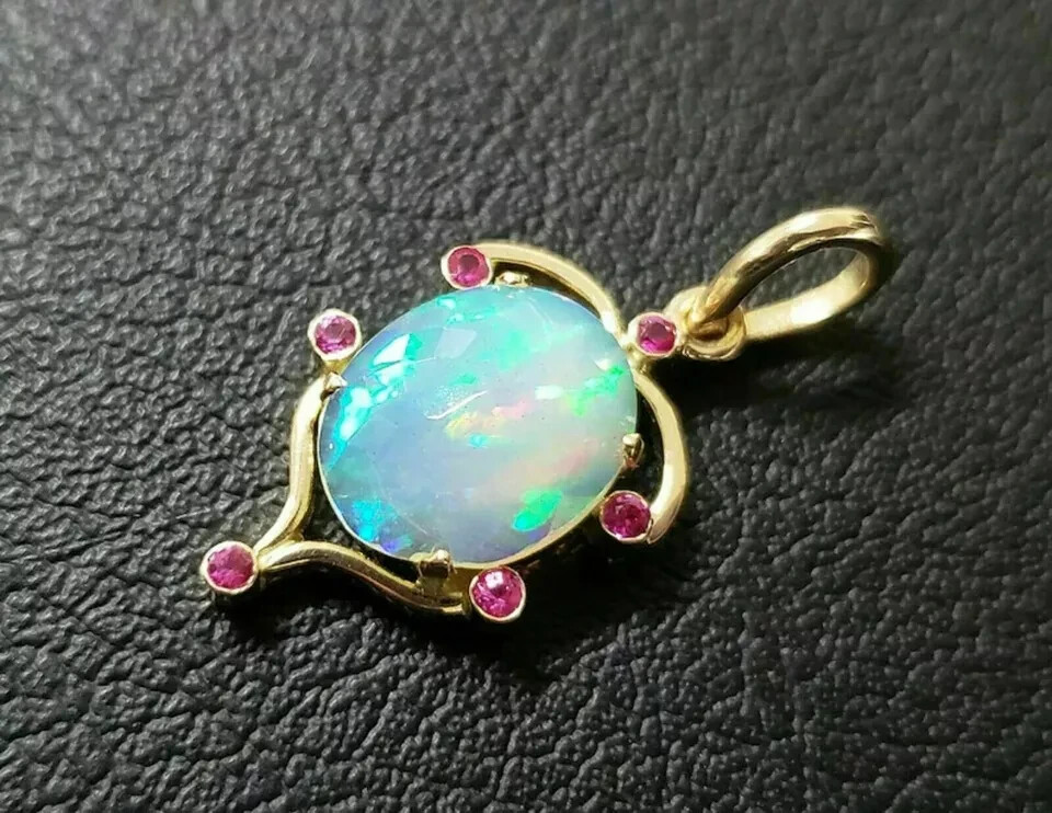 3Ct Oval Cut Opal Ruby Lab Created Pendant With Chain 14K Yellow Gold Finish