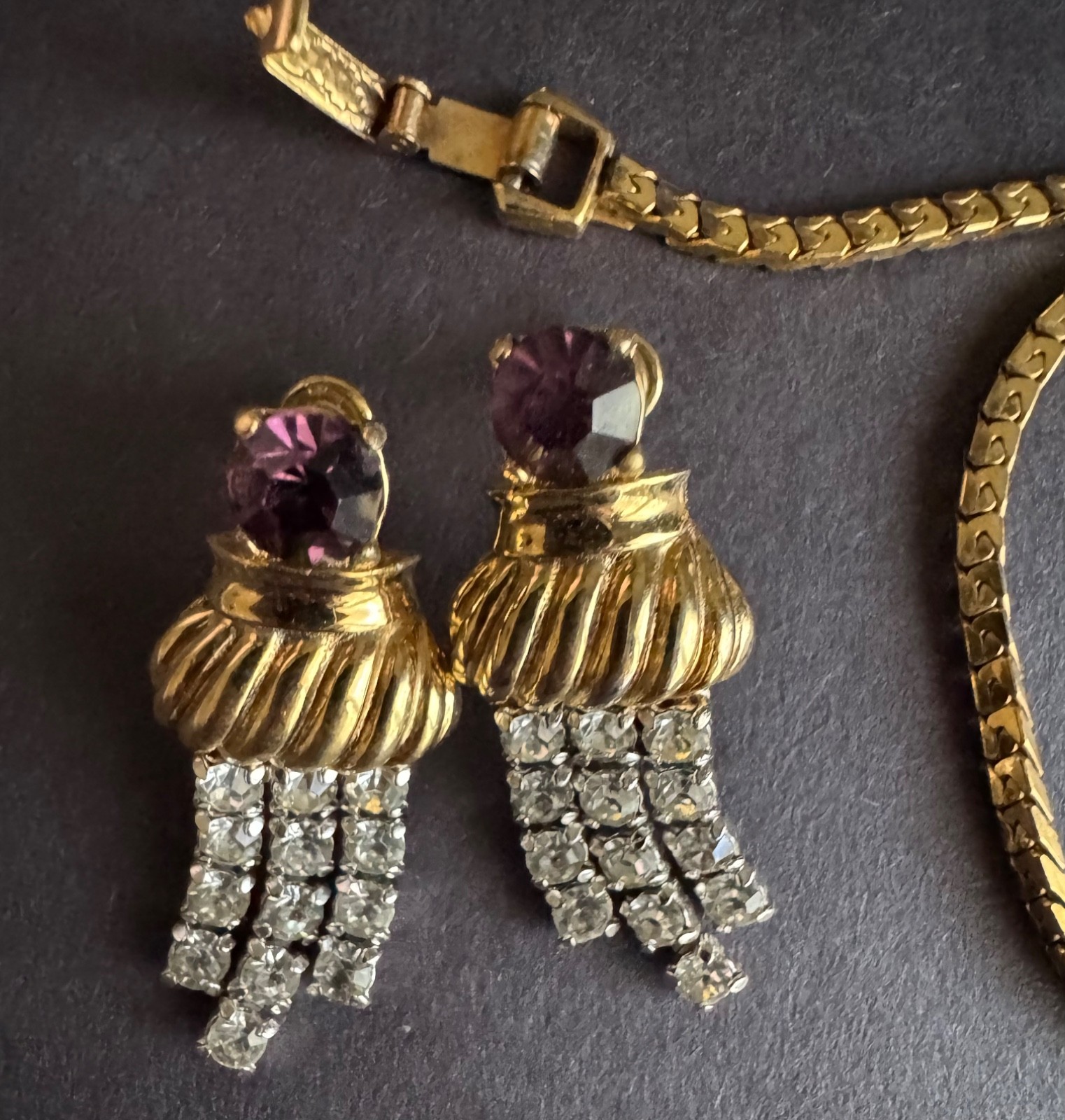 vintage Faux Amethyst and Rhinestone Necklace/Bracelet/Screw Back Earrings euc