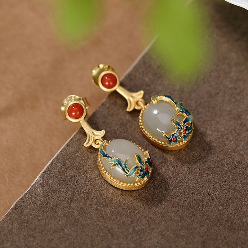 Cloisonne Nephrite Jade Chinese Design Women Jewelry Set Ring Earring Bracelet)