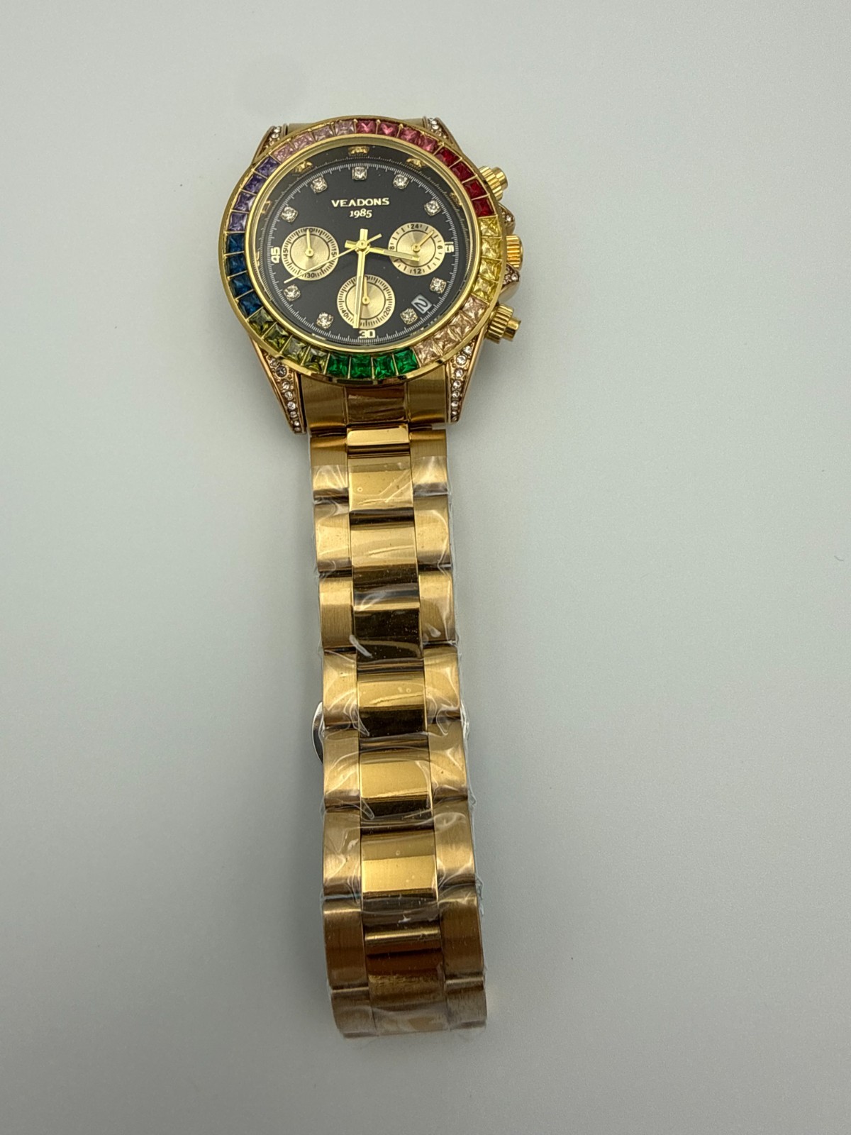 VEADONS 1985 Men’s Chronograph Watch – Gold Finish with Rainbow Crystal Bezel