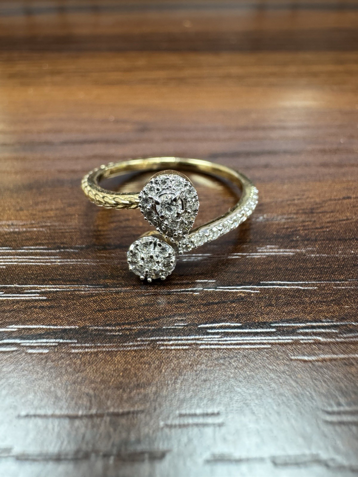 14k Yellow Gold Natural Diamond Pear And Round Shape Fashion Ring