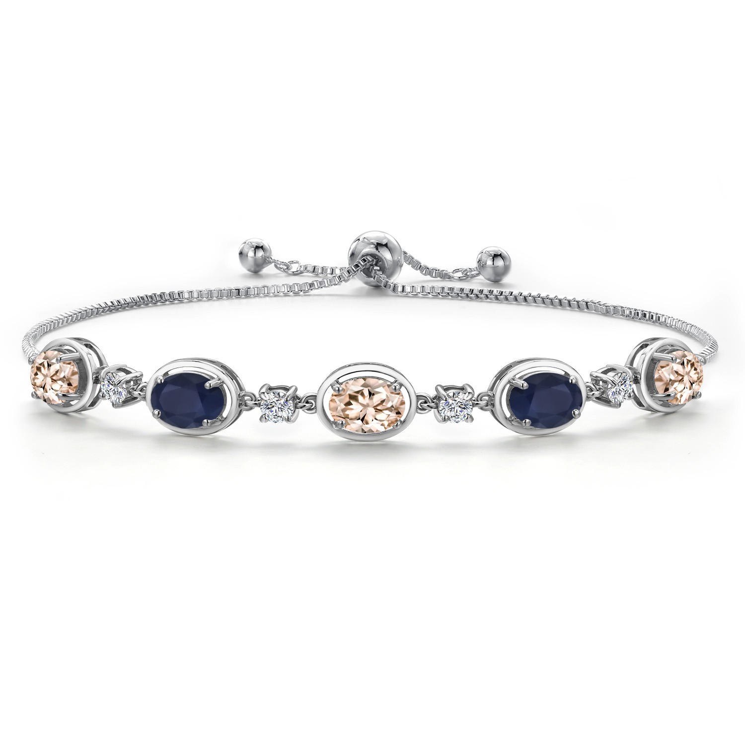 925 Sterling Silver Peach Morganite and Sapphire and Lab Grown Diamond Bracelet