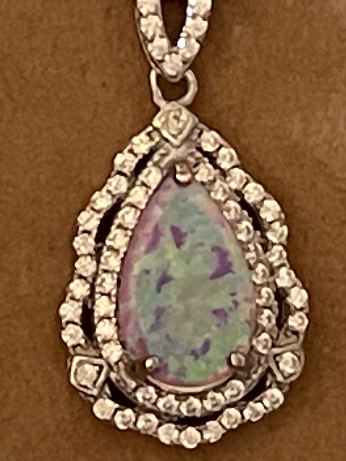 Sterling Silver Pear Pink Lab Opal CZ Necklace 22 Inch Chain