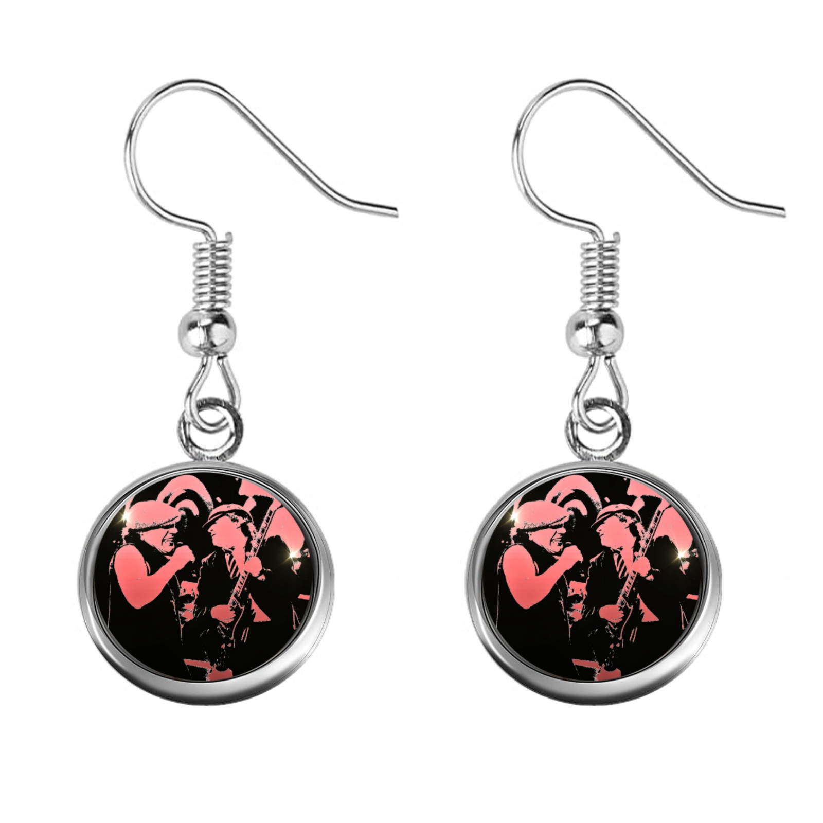 AC/DC rock band drop earrings, stainless steel/glass, 3.6cm length 12mm width