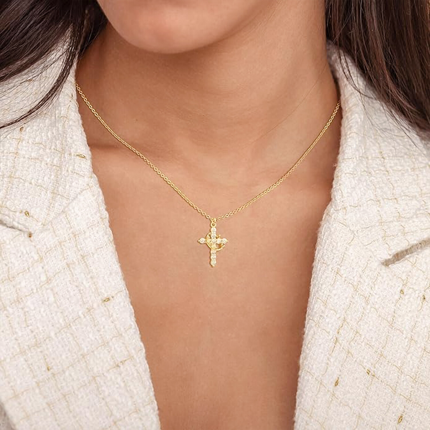 Crown Cross Necklace for Women 18K Gold Plated Crown Cross Pendant Necklace Simp