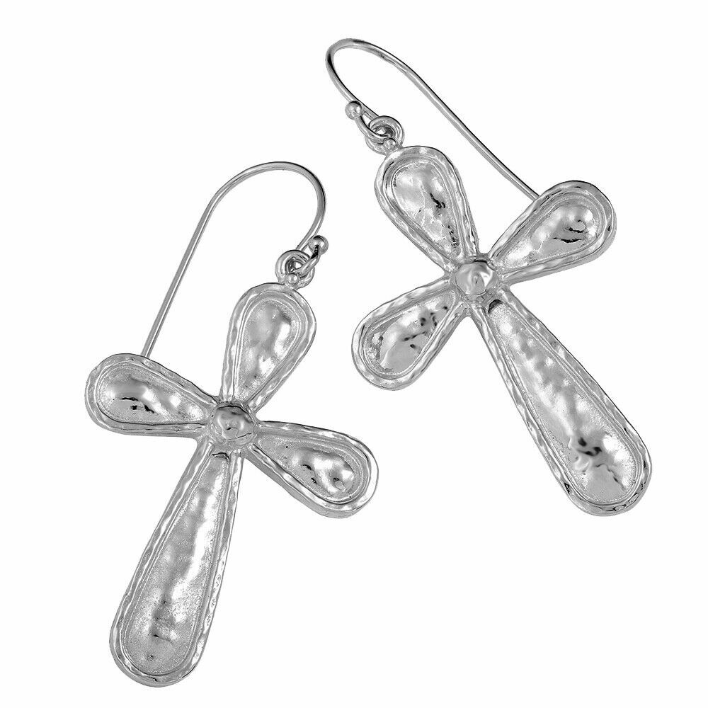 PAZ CREATIONS, PZ-Sterling Silver Hammered Texture Cross Earrings-BRAND NEW