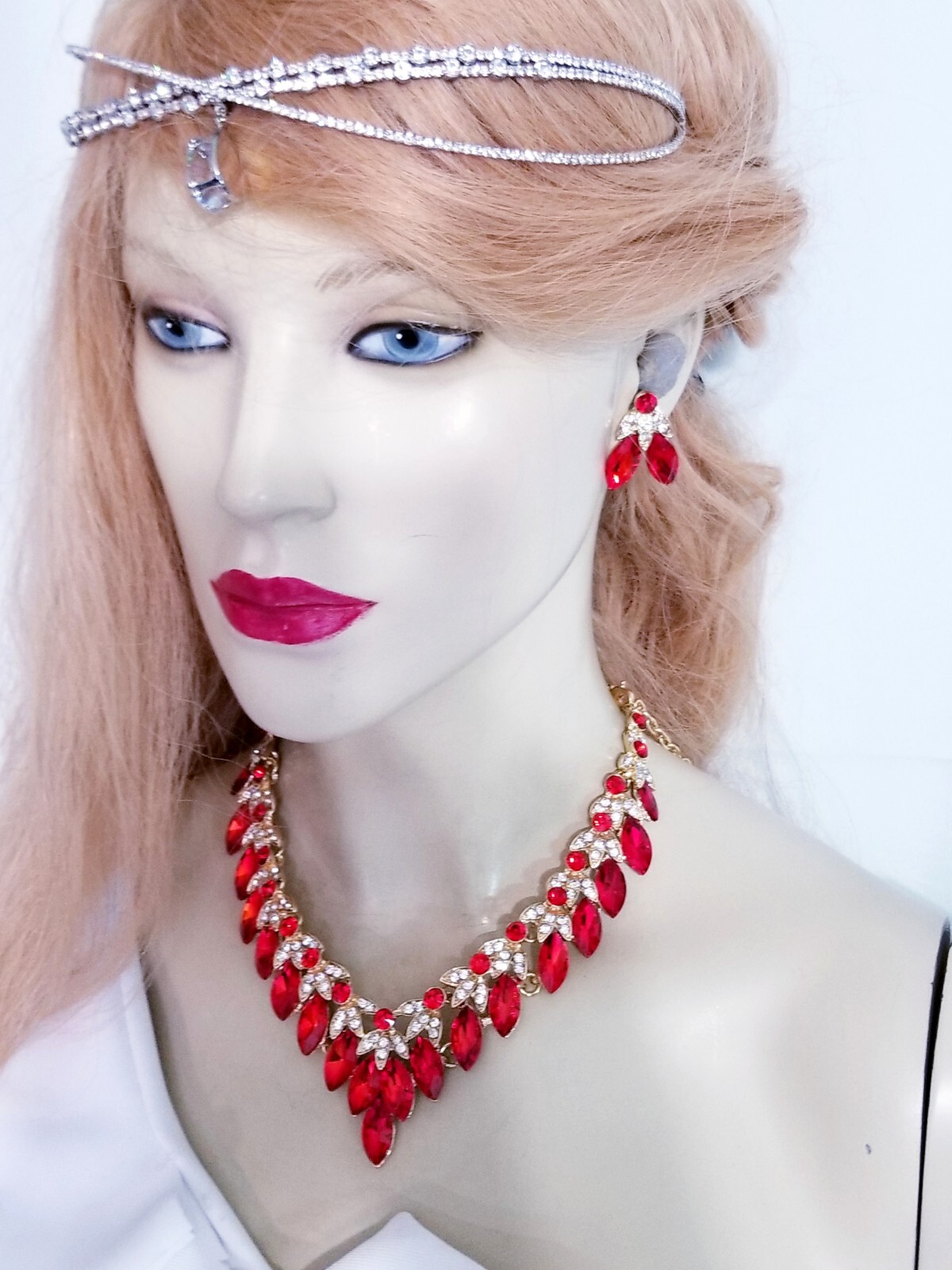 Red Crystal Choker Rhinestone Necklace Earring Set Bridal Prom Pageant
