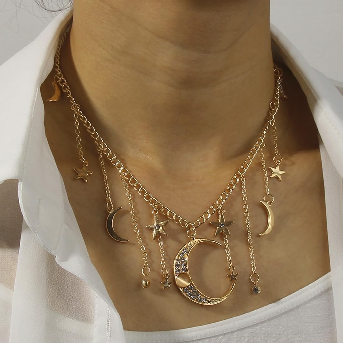 Moon Stars Tassel Pendant Necklaces Big Moon Clavicle Necklace Star Tassel Co…