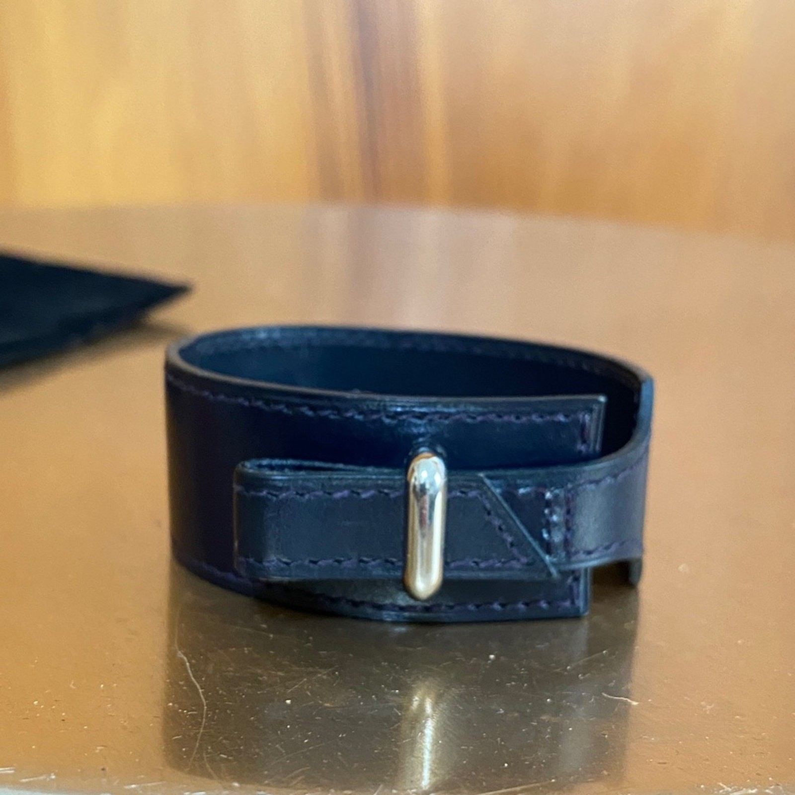Hermes Navy Blue Leather Artemis 1” Bracelet Silver NWOT Classic Luxury Unisex