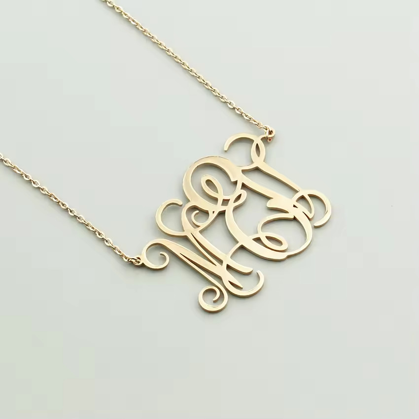 Custom Monogram Necklace Name Initials Pendant Personalized Jewelry Gold Silver