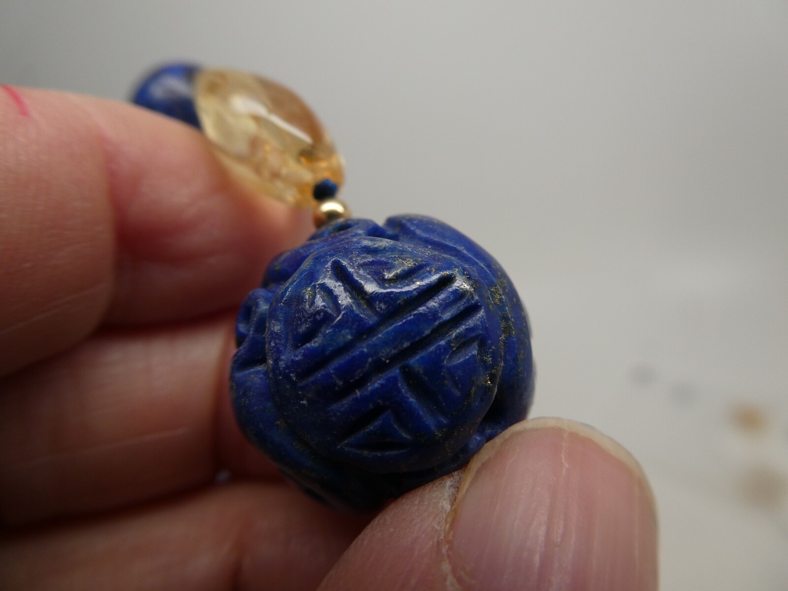 Vintage Lapis Lazuli & Citrine Gemstone Bead Carved Gold Filled Necklace 15.5″