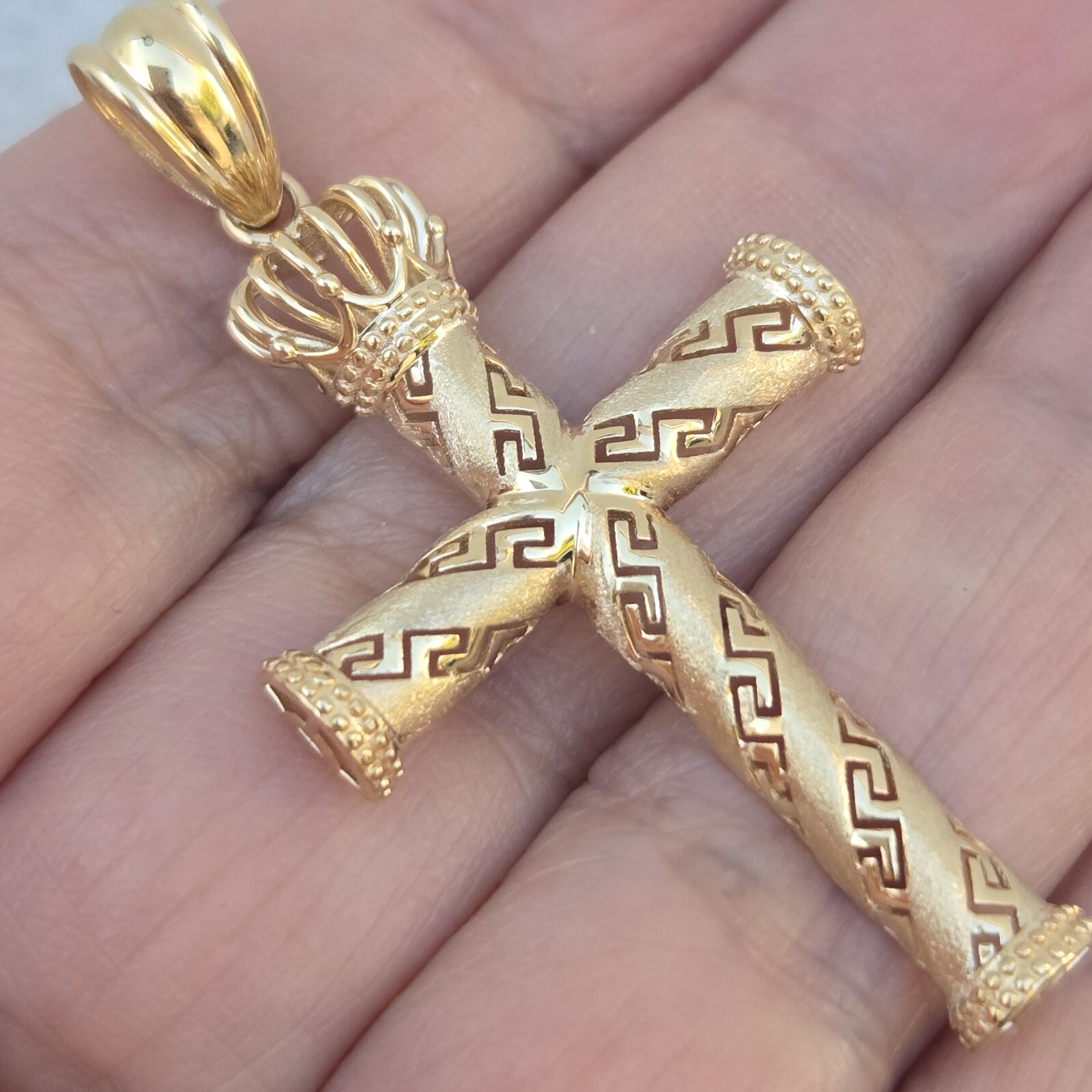 10k Gold Crown Cross Pendant Charm 1.95 inches long Medium Catholic Greek Key