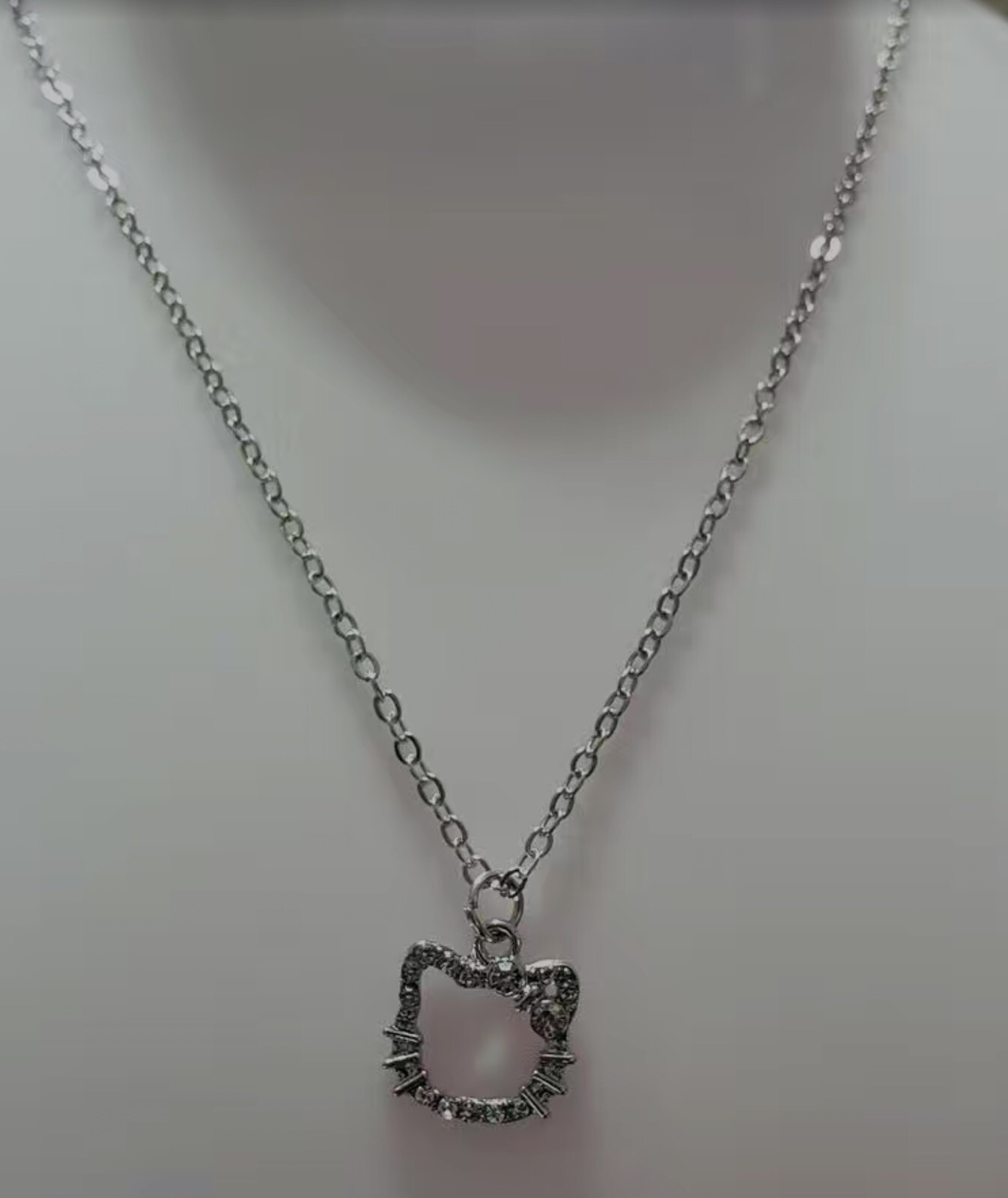 Sparkly, Cartoon Hello Kitty Head With Silver Bow Pendant, Silver Chain Necklace