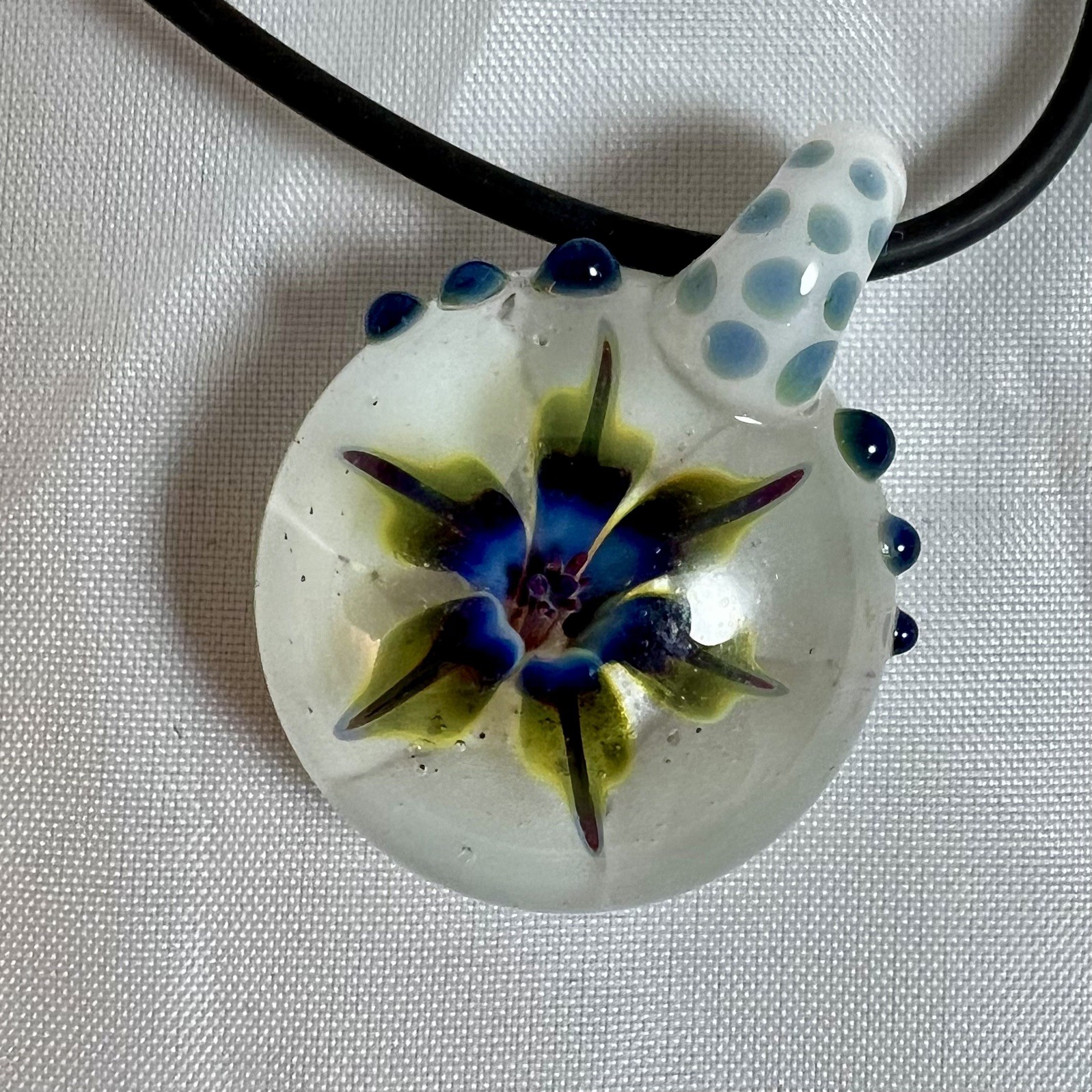 Blown Glass Art Pendant Blooming Flower Green Blue 3D Murano Lampwork Nacklace