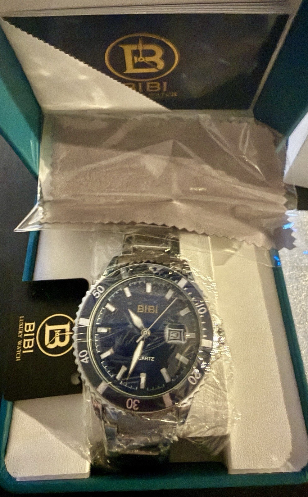BIBI Luxury Watch Quartz Analog Date Blue Dial Diver Blue Bezel Silver Bracelet