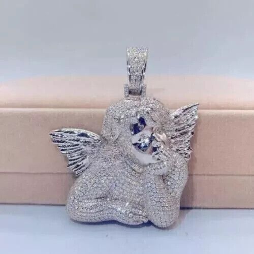 3.50Ct Lab Created Diamond Round Men’s Angel Charm Pendant 14K White Gold Plated