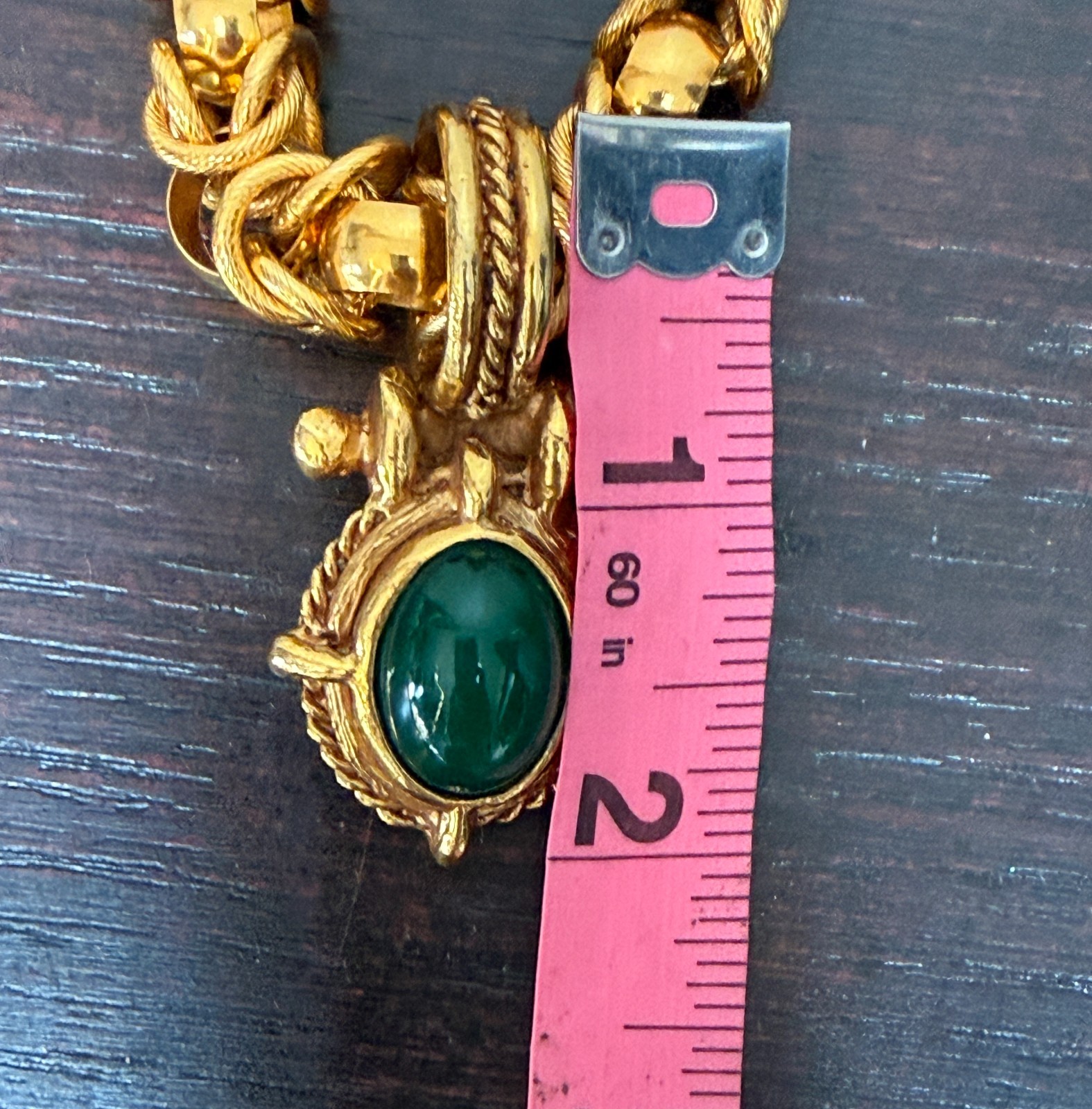 Vintage Bijoux VanWyk Gold Tone Necklace Green Cabochon Pendant Statement Signed