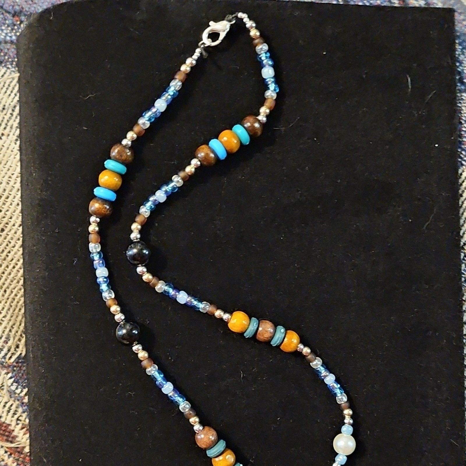 Beaded Necklace Pearl Glass Wood Blue Brown Yellow White Silver Lobster Clasp
