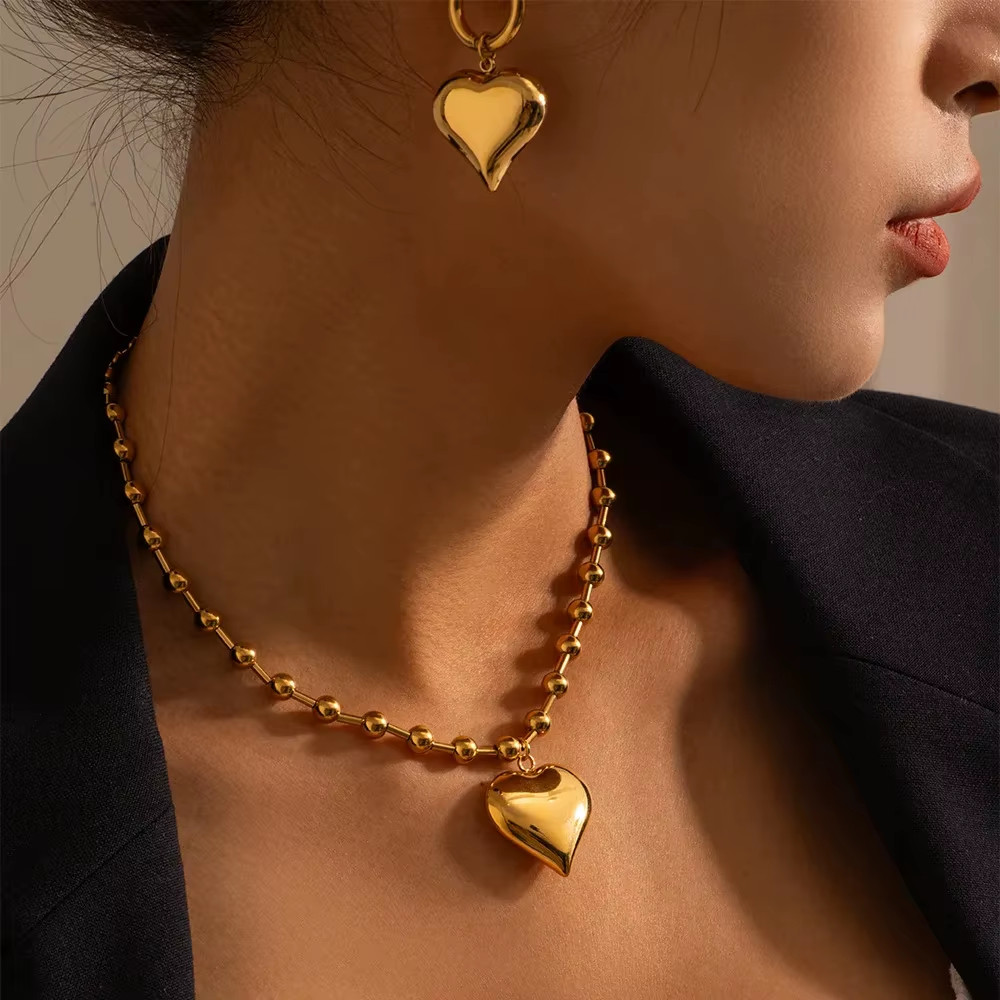 Stainless Steel Heart Necklaces for Women 6Mm Gold/Silver Color Metal Ball Bead