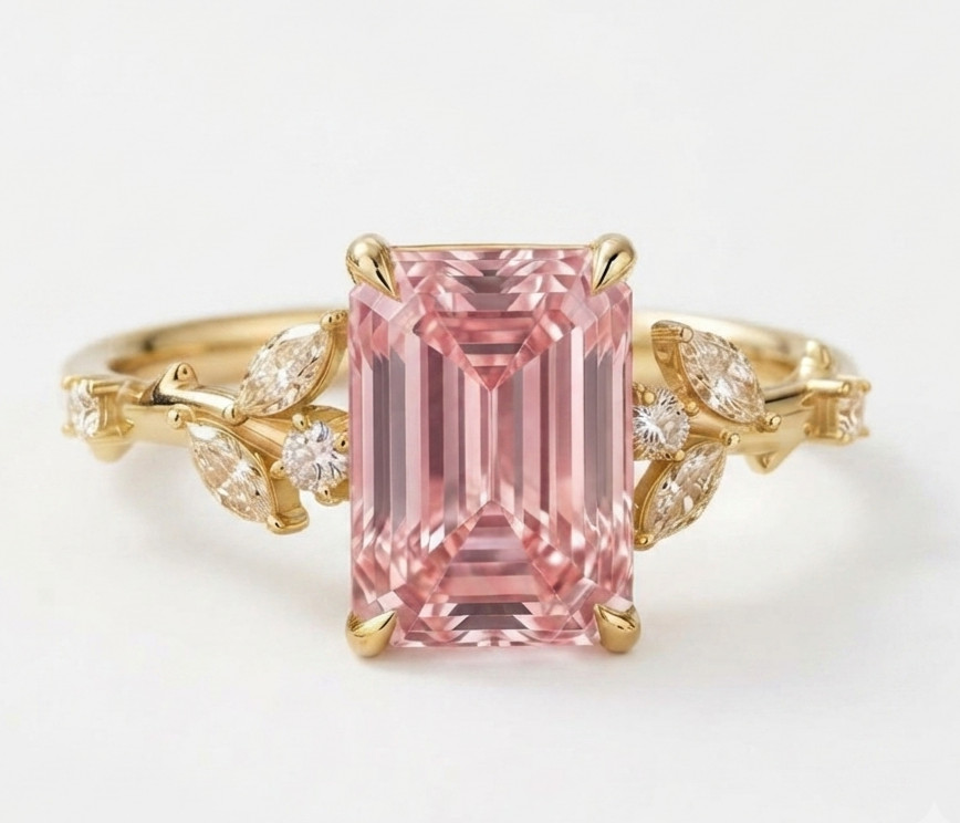 RARE 4.40 Ct Certified Emerald Cut Pink Natural Diamond Ring Yellow Gold Finish