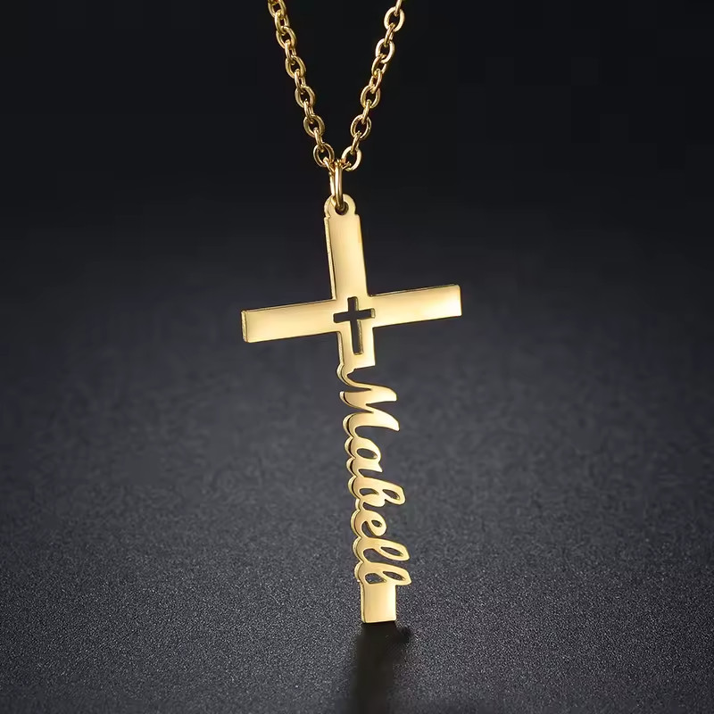 Customized Cross Name Necklace Men Women Pendant Stainless Steel Jewelry Silver