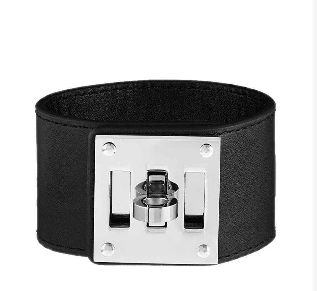 CHLOE COLLECTION BY LIV OLIVER Sliver Black Leather Wide Cuff Lock Bracelet